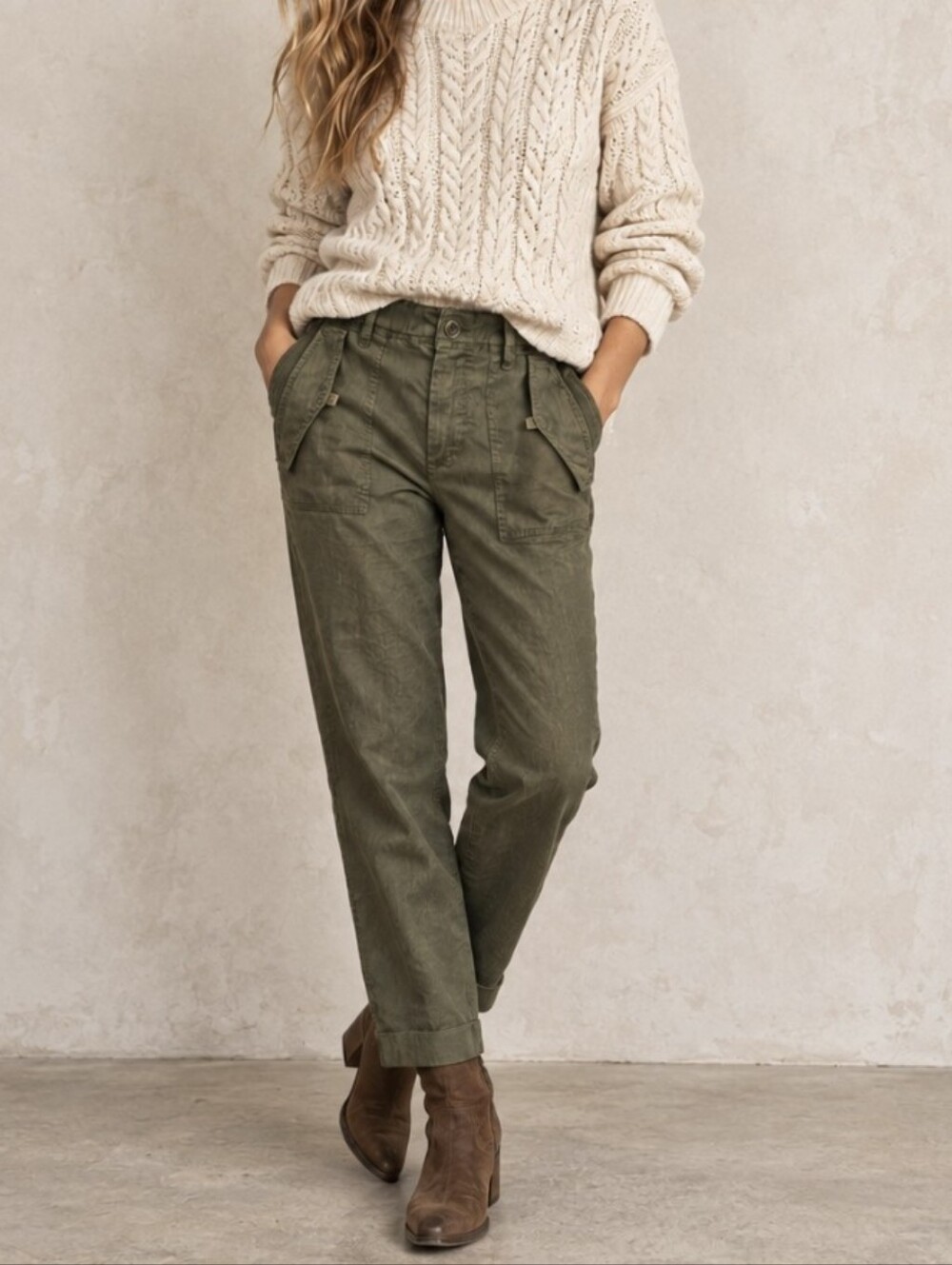 Vince Army Green Utility Pants Linen Blend Crop Straight Leg Cuffed Womens Sz 8